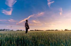 man standing in grass with blue sky